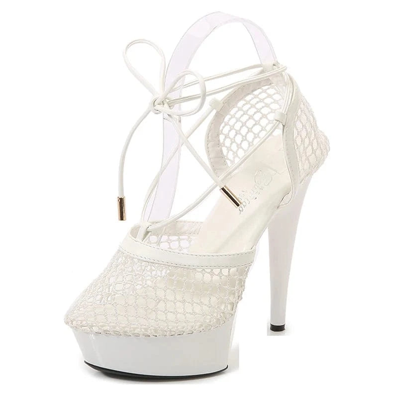 41 / White Trendy Ankle Wrap Women Platform Shoes 13 CM Stiletto Strippers Mesh Pole Dance High Heels Sandals Sexy