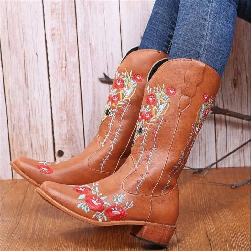 41 / Yellow Embroidery Floral Leather Cowboy Knight Boots for Women Pointed Toe Block Heel Street Fashion Western Mid Calf Boots