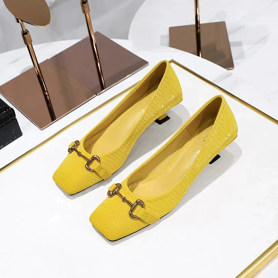 41 / Yellow Fashion Women Square-toe Buckle Kitten Heels Outside Banquet Ladies Dress Sandals Spring Summer Low Heels Female