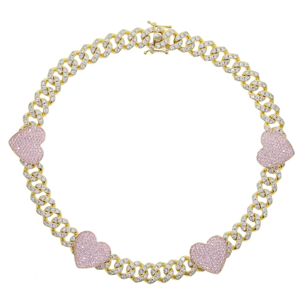 41cm / n553 gold New Iced Out Bling CZ Miami Cuban Link Chain Heart Necklace 12MM Two Tone Color Pink Heart Charm Choker Women Hip Hop Jewelry
