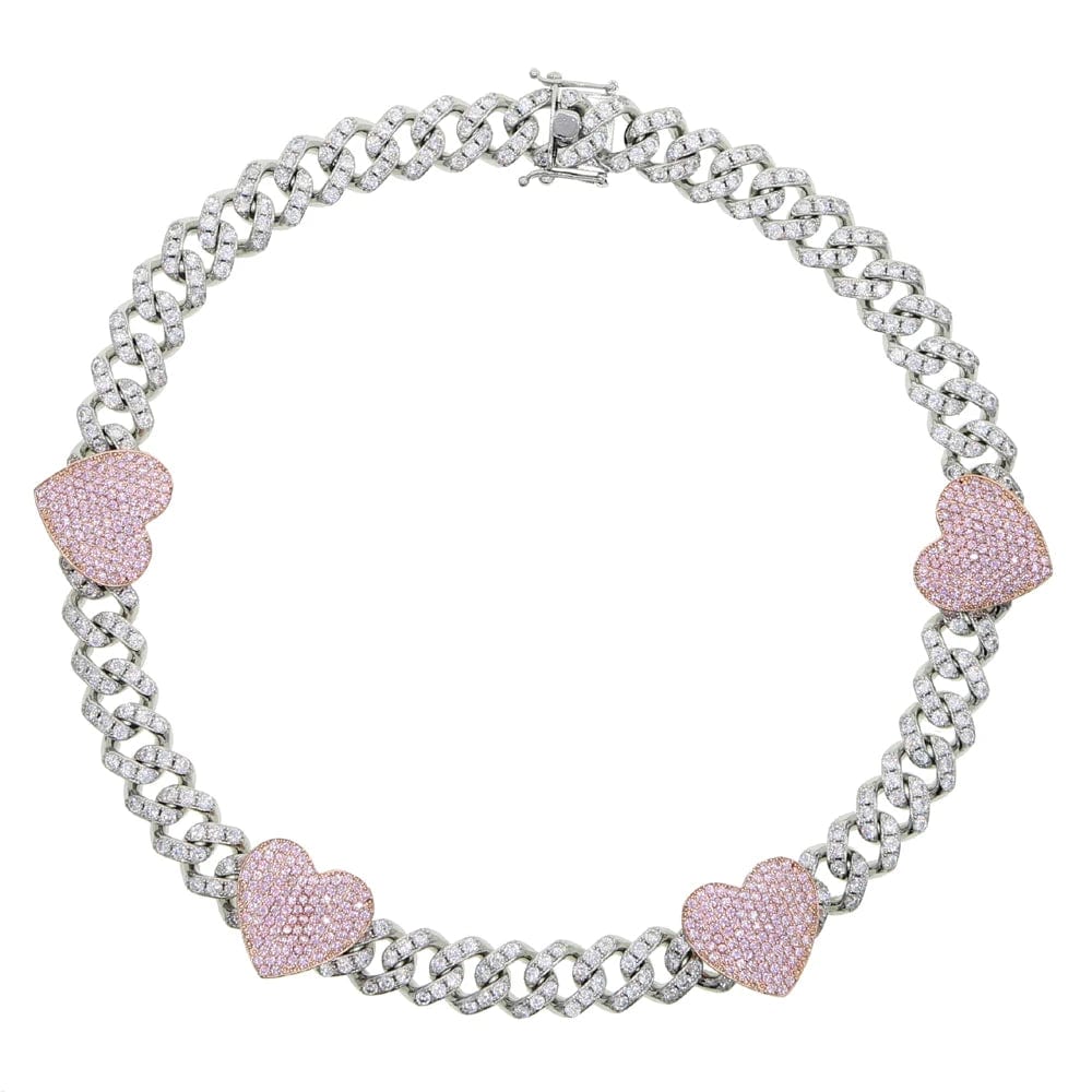 41cm / n553 silver New Iced Out Bling CZ Miami Cuban Link Chain Heart Necklace 12MM Two Tone Color Pink Heart Charm Choker Women Hip Hop Jewelry