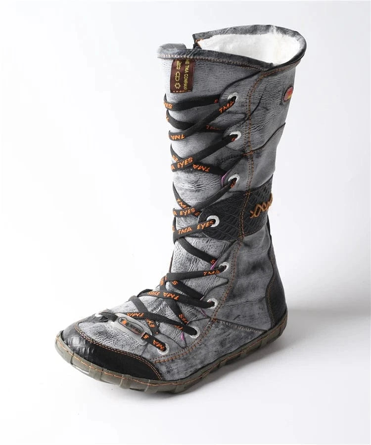 42 / Black 2024 Latest Fashionable Women's Winter Lace-Up Mid Calf Boots Breathable Hard-Wearing with Faux Insoles Western Style