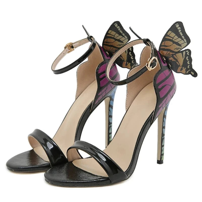 42 / Black Aneikeh Gold Summer Shallow Party Dress Buckles Mixed Colors Pumps Shoes Crystal Butterfly-Knot White High Heels Women Sandals