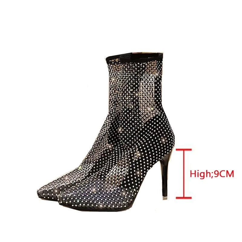 42 / Black New Fashion Women 2022 Mesh Upper Sandals Short Boots HIgh Heels Lady Summer Shoes shinny Party Pumps Pointed Toe Sexy Diamonds