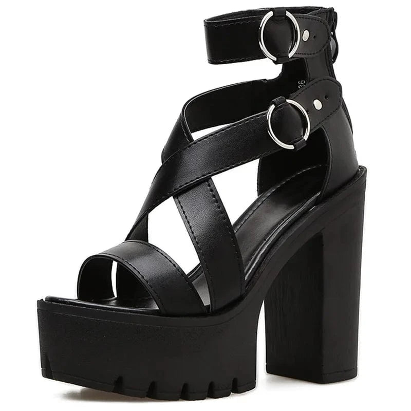 42 / Black Summer new super high heel cross strap back zip open toe sandals party thick heel platform hollow women's Party Pumps