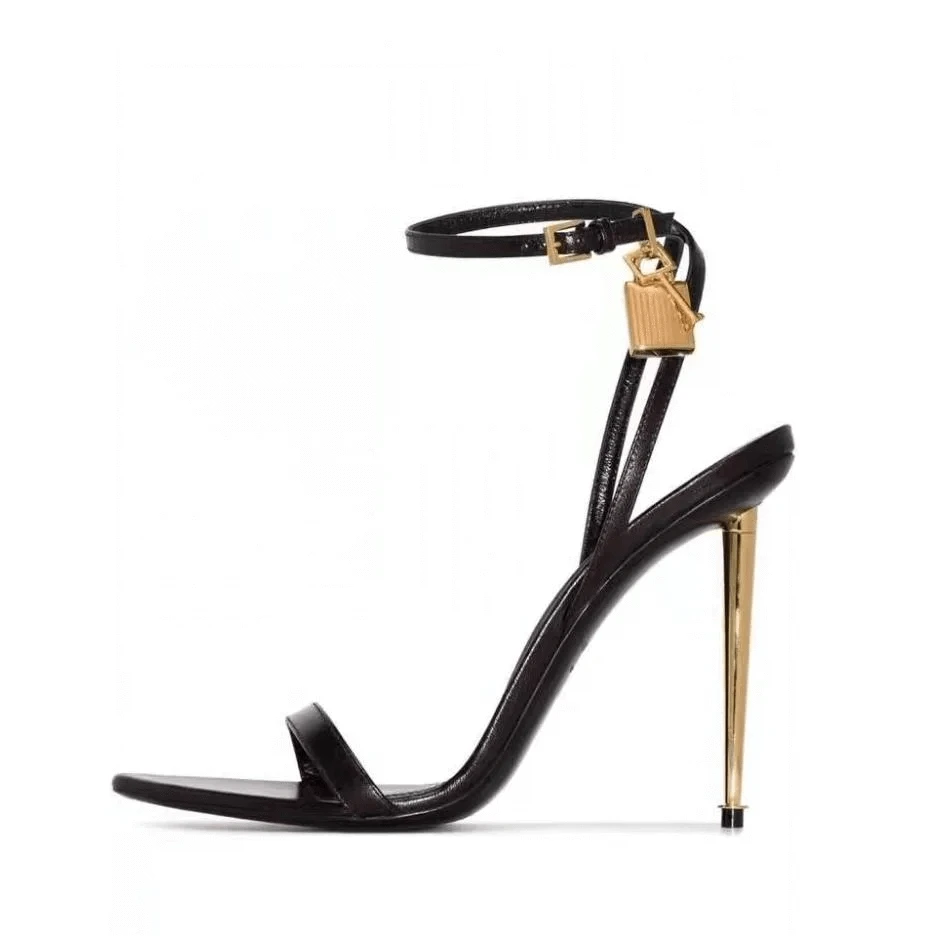 42 / Black Ubililia Metal high heels Pointy Toe Style Gold Lock Ankle Lace up Elegant Sexy ladies gold black Unique Luxury Heels sandals