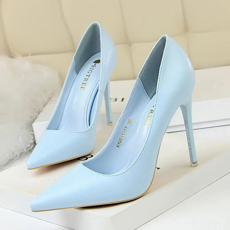 42 / Blue-10.5cm 9511-17 Trendy Simple Stiletto Ladies Heel Shoes Splicing Pointy With Shallow Tops Office Ladies Thin High Heels Shoes For Women