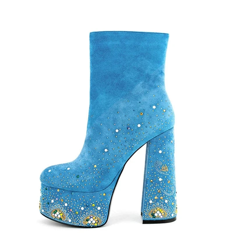 42 / Blue Colorful Diamonds Shoes Customized Round Toe Women Platform Short Boots Side Zipper Women Ankle Booties High Chunky Heels