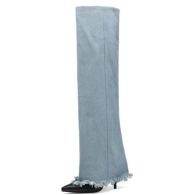 42 / Blue Custom Styles Women Denim Overlay Over Knee High Pants Boots Ladies High Heels Shoes Folded Pointed toe Jeans Long Booties