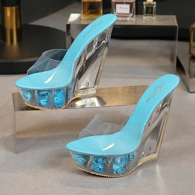 42 / Blue Fashion Platform Wedge Heels 15 CM Sexy Shoes Women Heels Sandals Chunky High Heels Slippers