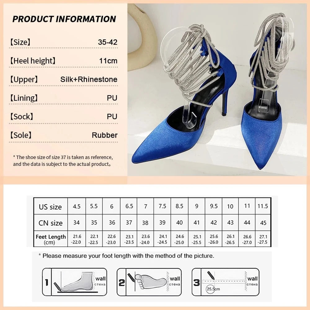 42 / Blue Lace-Up Shiny Silk High Quality Women's High Heels Rhinestone High Heels And Sandals Women's Shoes Shiny