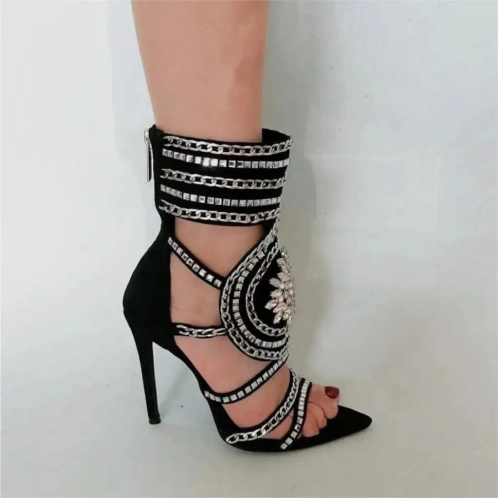 42 / customize Ubililia back zipper up pointed toe diamond sandals for women Spring summer metal chain details peep toe ankle Boots sandals