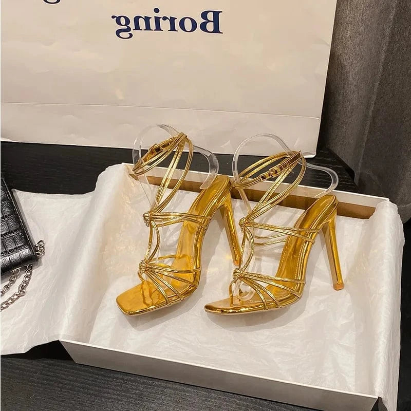 42 / Gold 2024 New Square head model catwalk show with diamond buckle Roman one-line sandals ready stock
