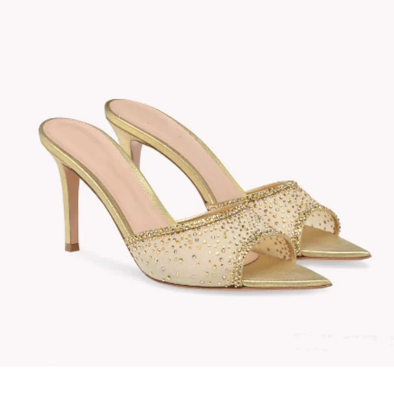42 / Gold Ubililia stiletto high heel rhinestone mesh peep toe slippers elegant women pointed toe mules shoes sexy ladies heeled sandals