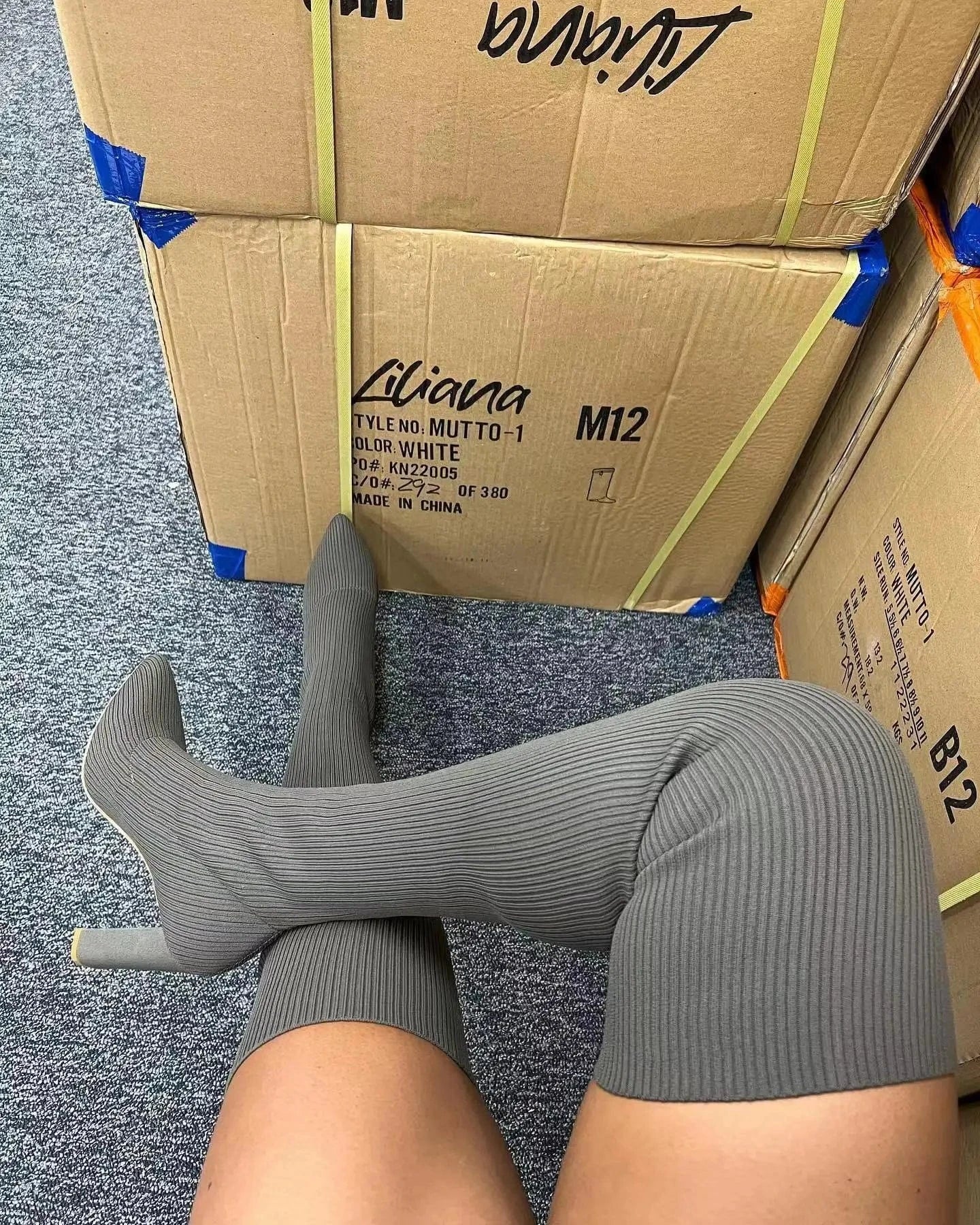 42 / gray Ready to ship fall and winter boutique ladies shoes women's ribbed knitted thigh high boots