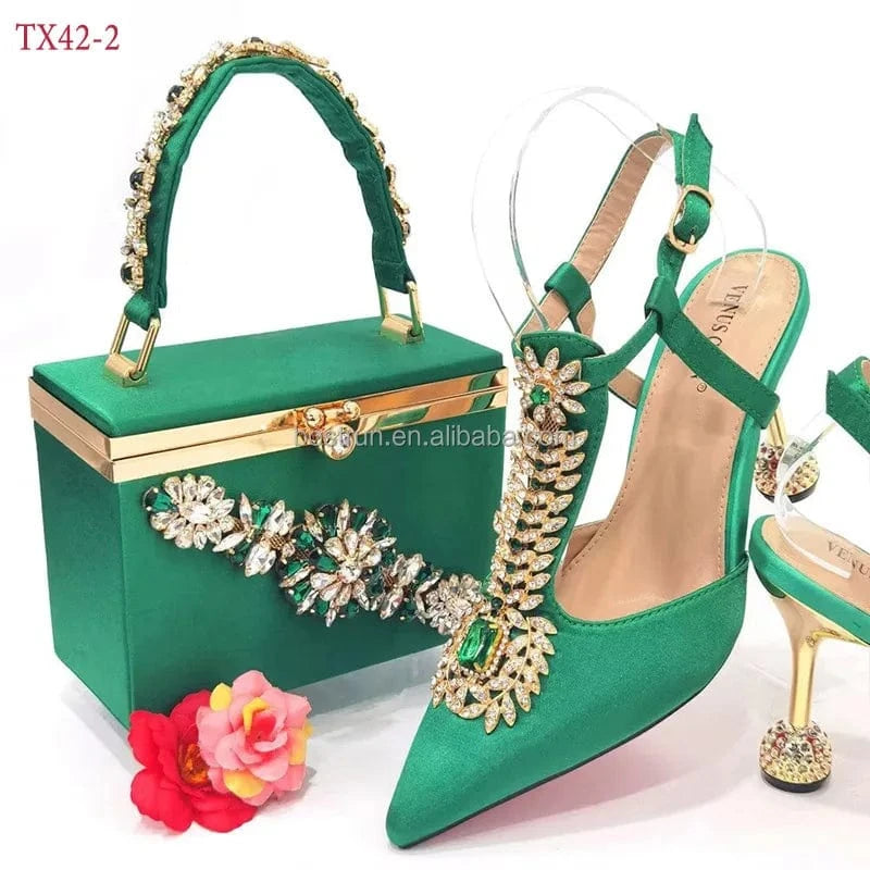 42 / Green TX42   Italian Shoes with Matching Bags for Wedding Italy Woman Italian Shoes and Bags Set Decorated with Rhinestone Party Shoes