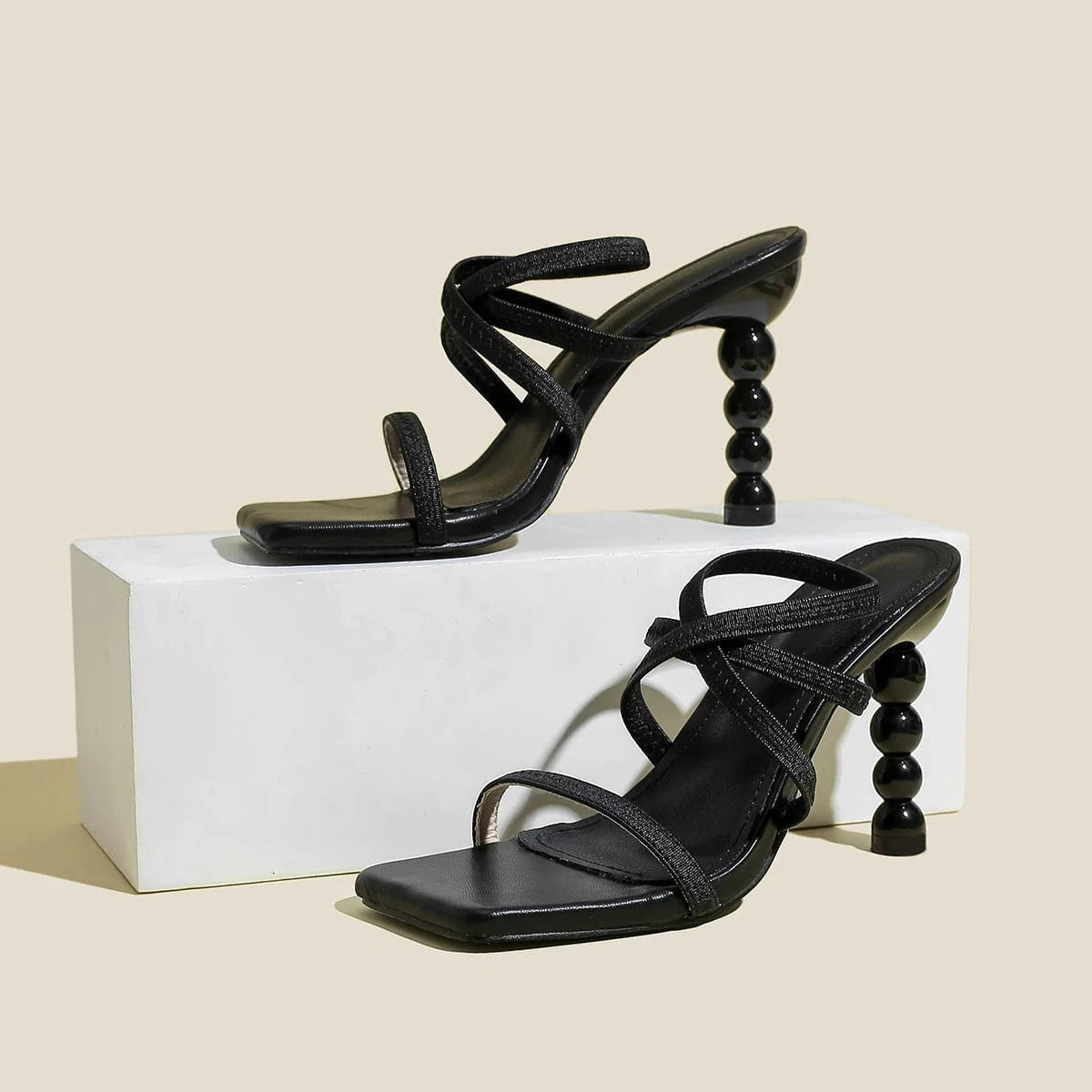 42,Insole length 260MM / Black trendy stiletto high heels size 35-42 shaped heels elastic slip-on straps comfortable sandals for women