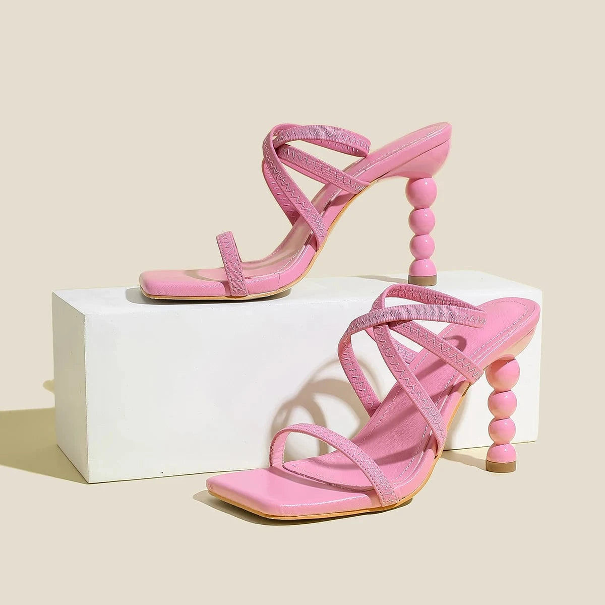 42,Insole length 260MM / Pink trendy stiletto high heels size 35-42 shaped heels elastic slip-on straps comfortable sandals for women