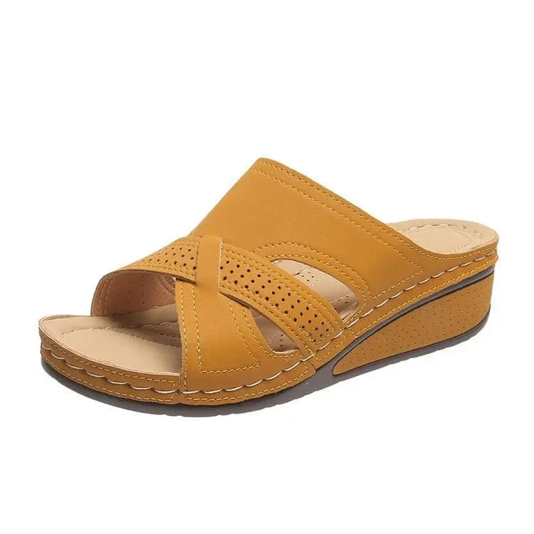 42,insole length 260MM / Yellow womens wedge heel sandals thick sole non-slip hollowed-out beach Roman shoes with straps size 35-43