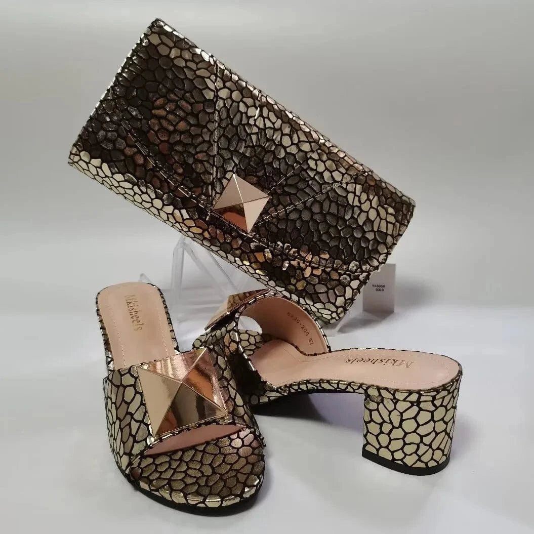 42 / MS501 GOLD Africa Style Ladies Flowers purses for women 2024 handbag green low heeled matching shoe and bag set