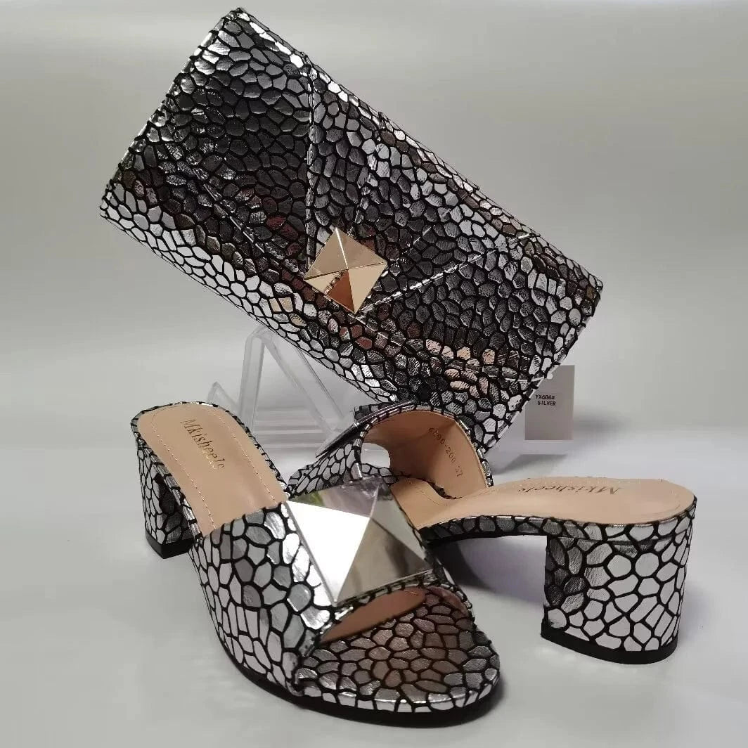 42 / MS501 SILVER Africa Style Ladies Flowers purses for women 2024 handbag green low heeled matching shoe and bag set