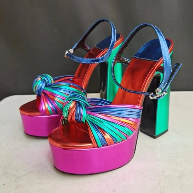 42 / MULTI color 2022 New Summer Sexy Women's Sandals Mixed color Tie a knot Thick High Heel Platform Shoes Silver Zapatos Mujer Big Size 34-44