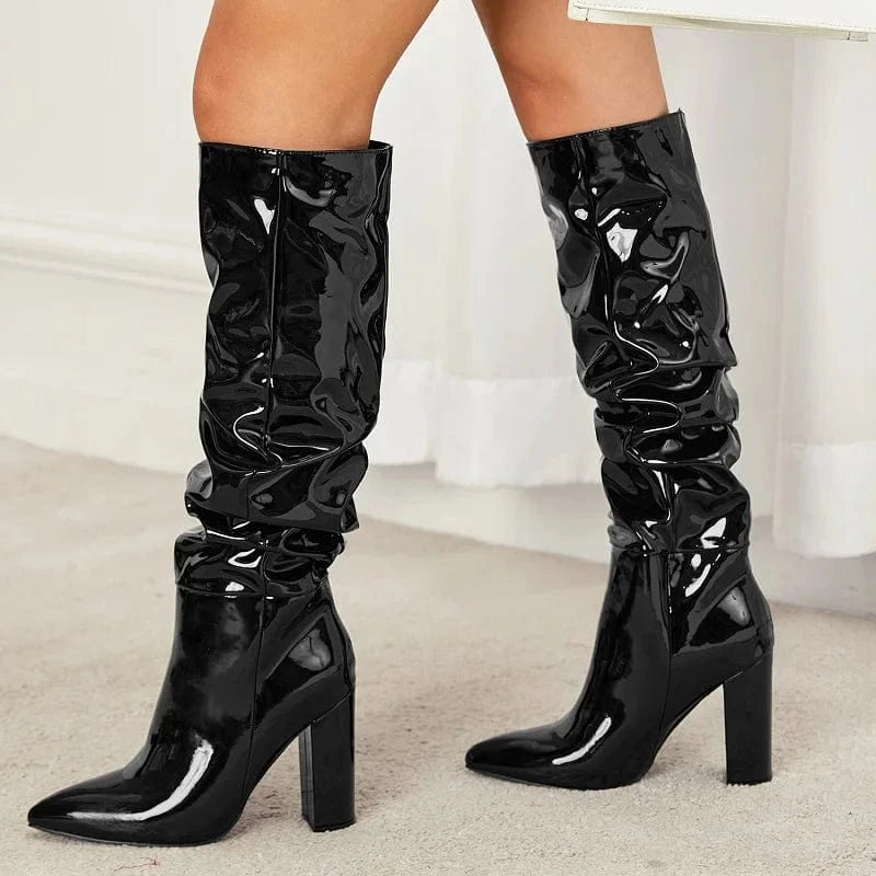 42 / Patent Leather-black Aneikeh PU Fashion Pleated Solid Color Panel Thick Heel Boot Pointed Chelsea Women Knee-High Knee Long Boots Spring Autumn 2024