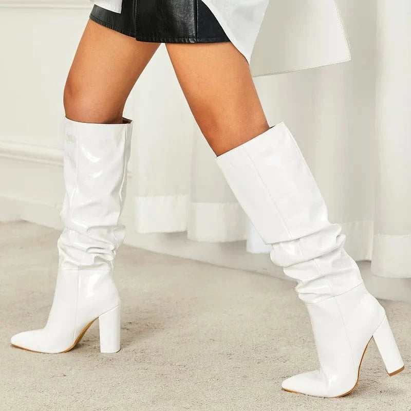 42 / Patent Leather-White Aneikeh PU Fashion Pleated Solid Color Panel Thick Heel Boot Pointed Chelsea Women Knee-High Knee Long Boots Spring Autumn 2024