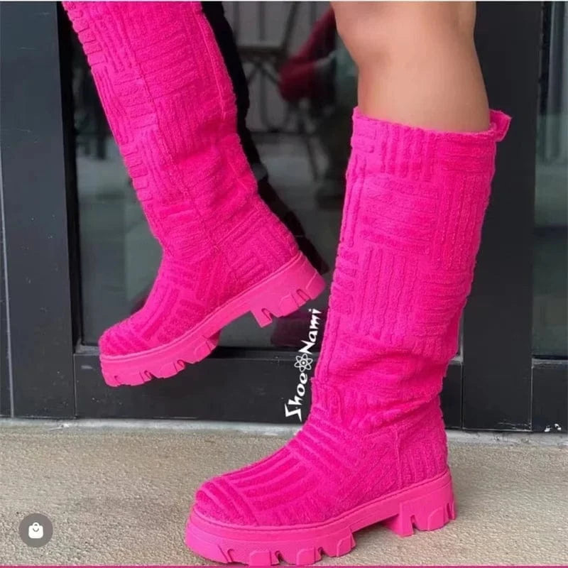 42 / Pink Autumn/Winter Luxury New Women Thick-soled Thick-heeled Warm Boots/ Women's Towel Cotton Boots Motorcycle Boots Chelsea Boots