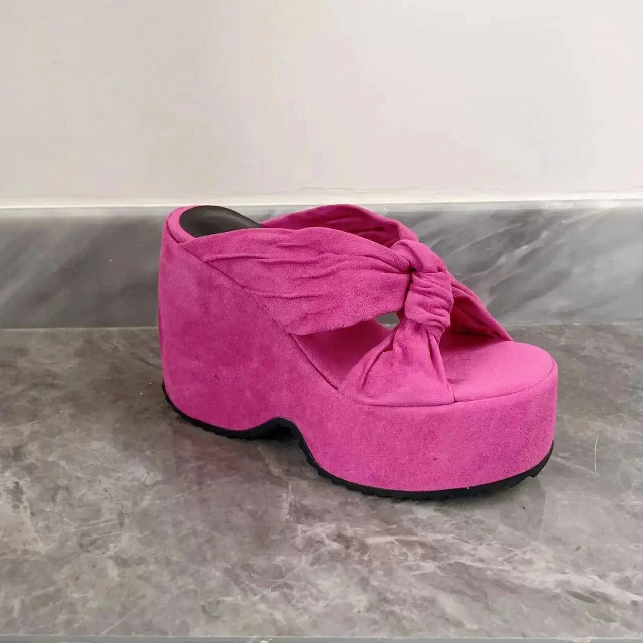 42 / Pink Ubililia Twist Decor Chunky Heeled Mules Slip on Sandals Thick High Heels Platform Sexy lady Shoes wedge heels slippers