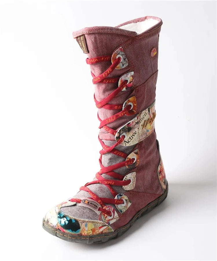 42 / Red 2024 Latest Fashionable Women's Winter Lace-Up Mid Calf Boots Breathable Hard-Wearing with Faux Insoles Western Style