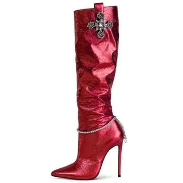 42 / Red Green Patent Stiletto Style High Slim Heels Shoes Women Pointed Toe Bling Rhinestone Long Booty  Diamonds Flower Knee High Boots