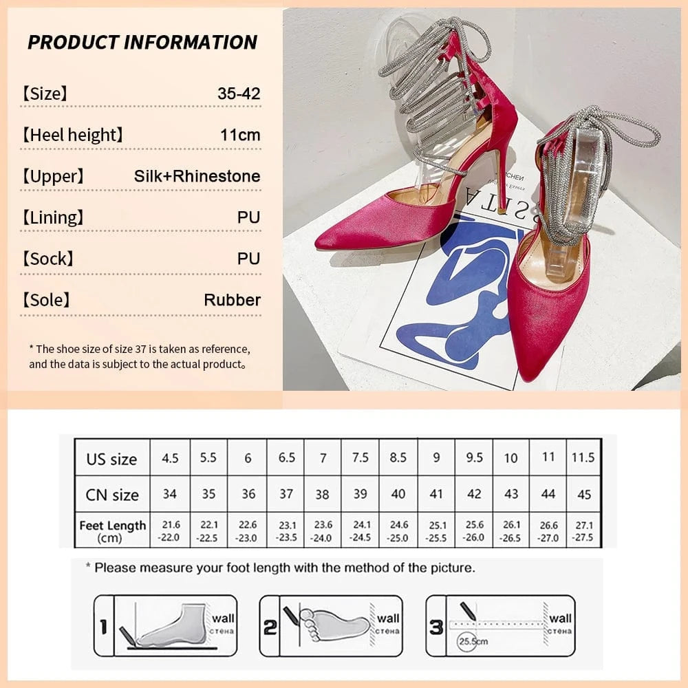 42 / Rose Lace-Up Shiny Silk High Quality Women's High Heels Rhinestone High Heels And Sandals Women's Shoes Shiny
