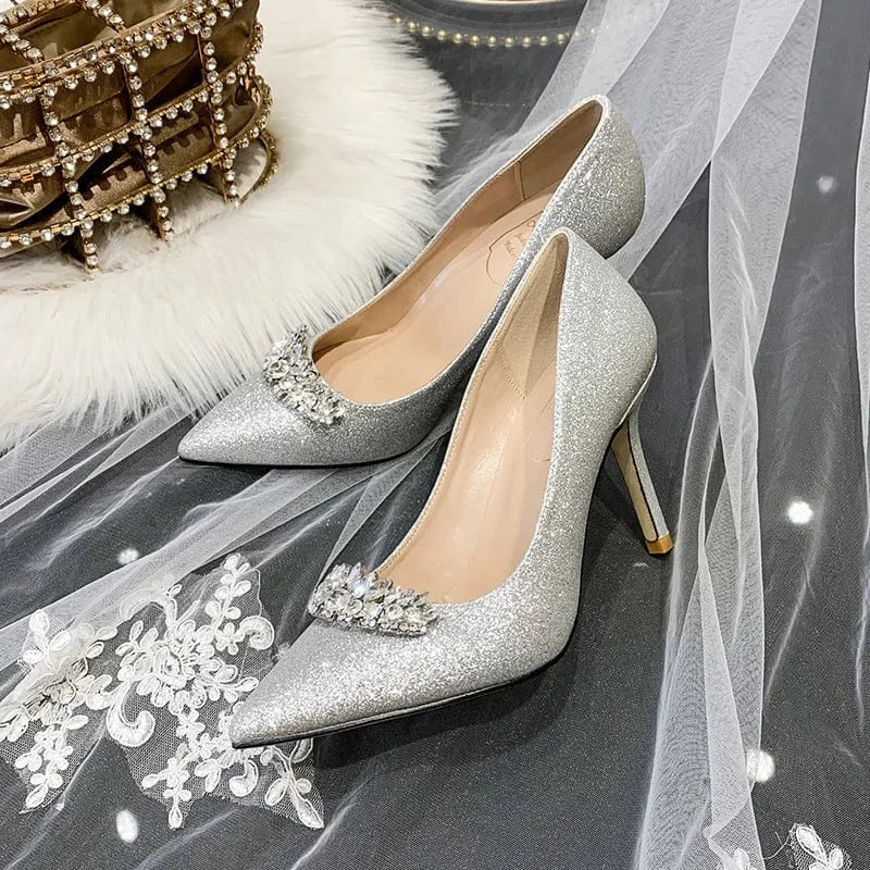 42 / Silver(7cm)` New Female Pointed-toe Rhinestone Wedding Dress Sandals Shallow Sequins Banquet Ladies High Heels Stilettos