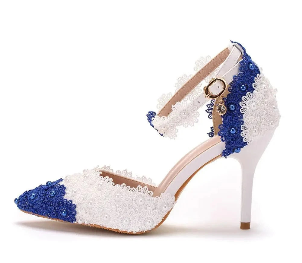 42 / White&blue 9.5cm` Sexy Banquet Heels Ladies PU Leather Blue&white Lace Color Matching High Heel Sandals Women Rome Shoes