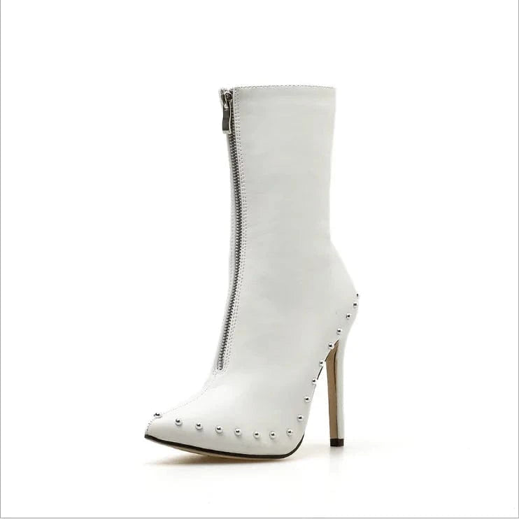 42 / White Factory supplier cheap women pointed toe rivet stiletto ankle boots Zipper high Heel Sexy Short Booties winter shoes