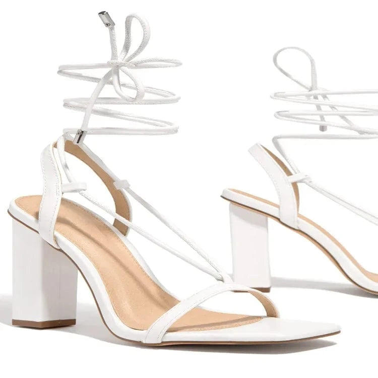 42 / White New arrival square toe lace up sandal stiletto sexy women fashion heels wholesale heel mature women women shoes high heels