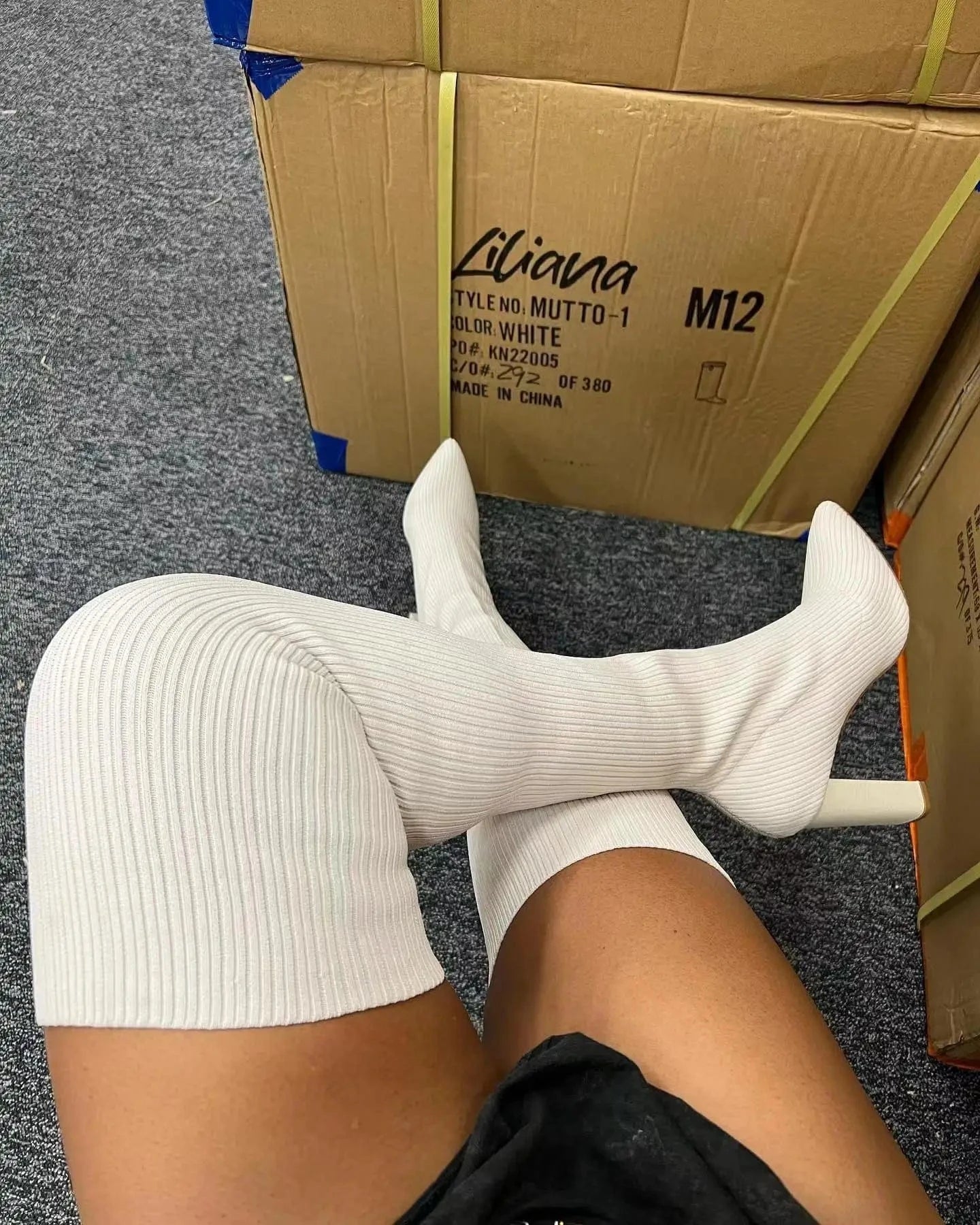 42 / White Ready to ship fall and winter boutique ladies shoes women's ribbed knitted thigh high boots