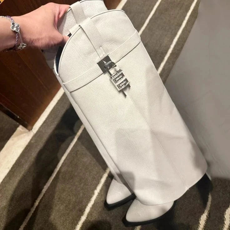 42 / White Retro Patent Overlay Knee High Boots Women Wedge Heels Shoes Folded Over Upper Pointed toe Metal Shark Lock Booties