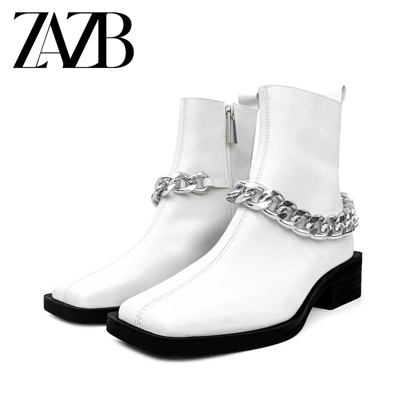 42 / White Square head Winter Metal Chain Women Middle cylinder short zipper Martin boots chunky heel ankle leather ladies fashion boots