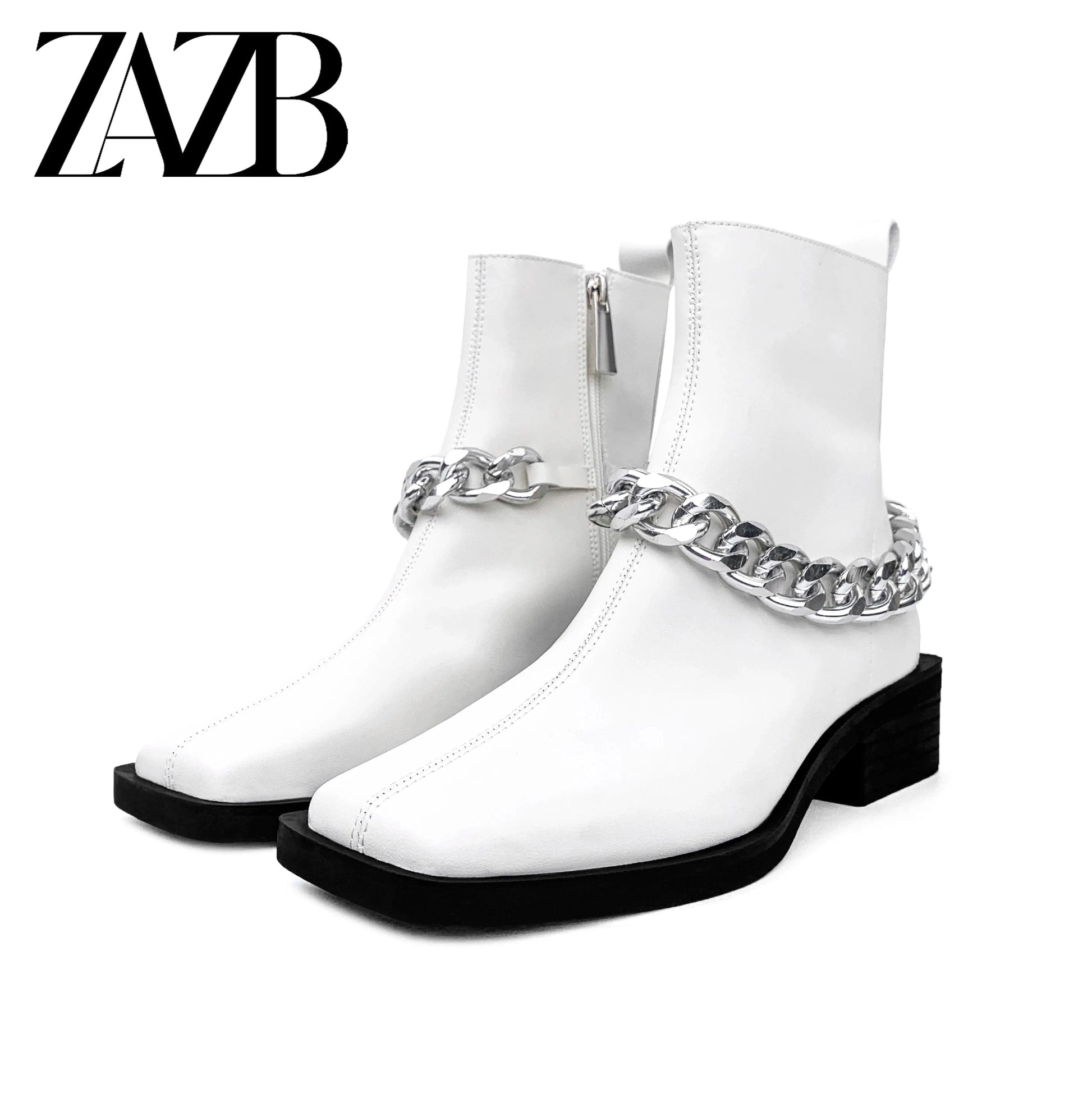 42 / White Square head Winter Metal Chain Women Middle cylinder short zipper Martin boots chunky heel ankle leather ladies fashion boots