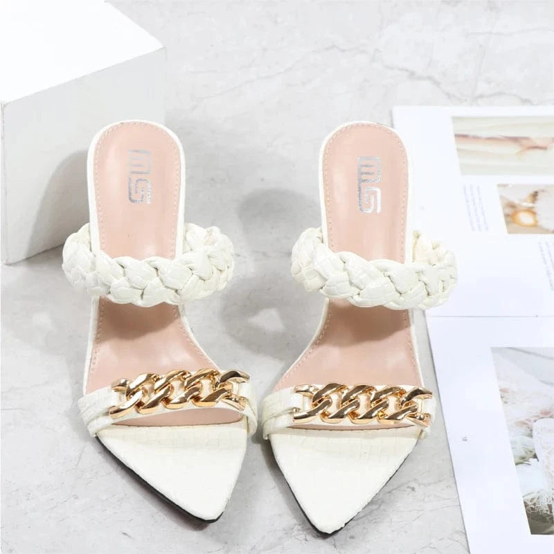 42 / White Stiletto women sandals summer autumn 2022 metal chain thin high heels female shoes sexy pointy one word fashion sandals women