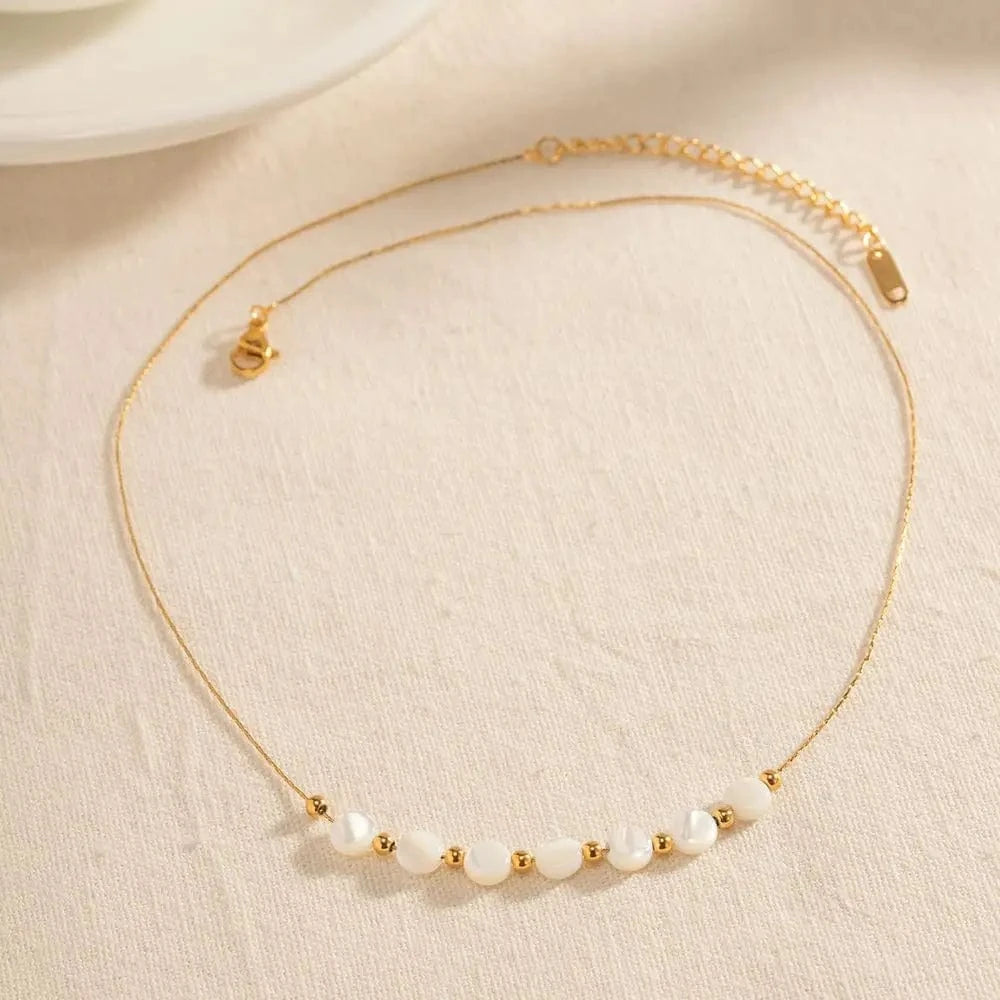 42cm / N2276 N2276 Waterproof 18K Gold Plated Stainless Steel Bracelet Jewelry Set Natural Shell Beads Cuban Chain Necklace Set