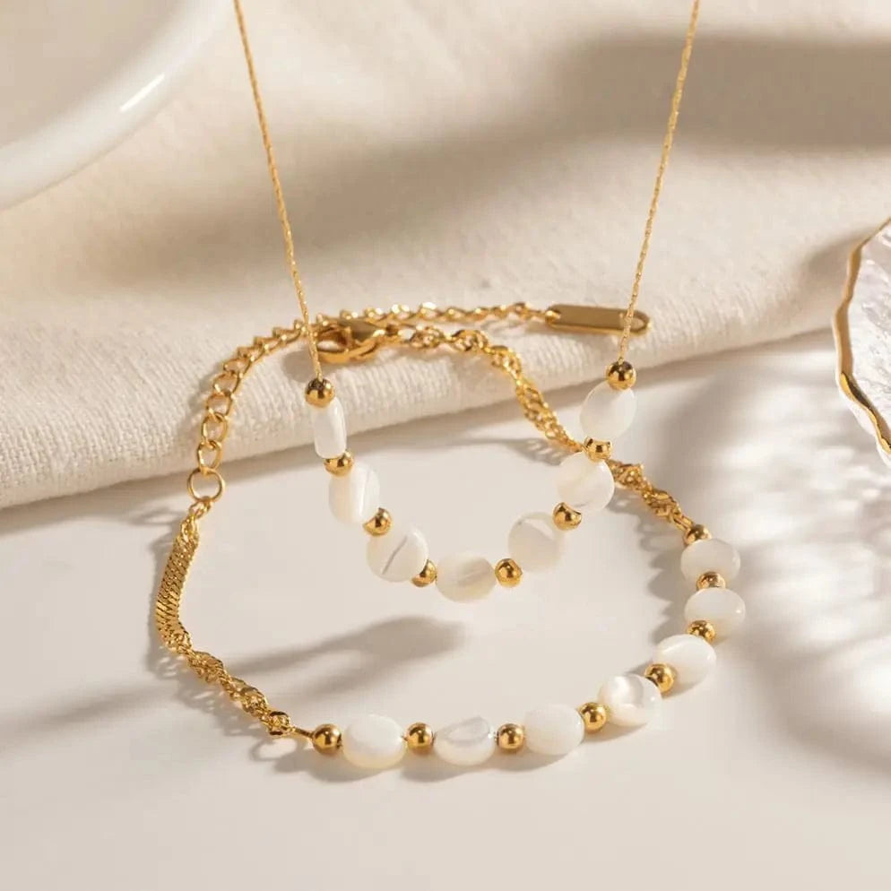 42cm / N2276 N2276 Waterproof 18K Gold Plated Stainless Steel Bracelet Jewelry Set Natural Shell Beads Cuban Chain Necklace Set