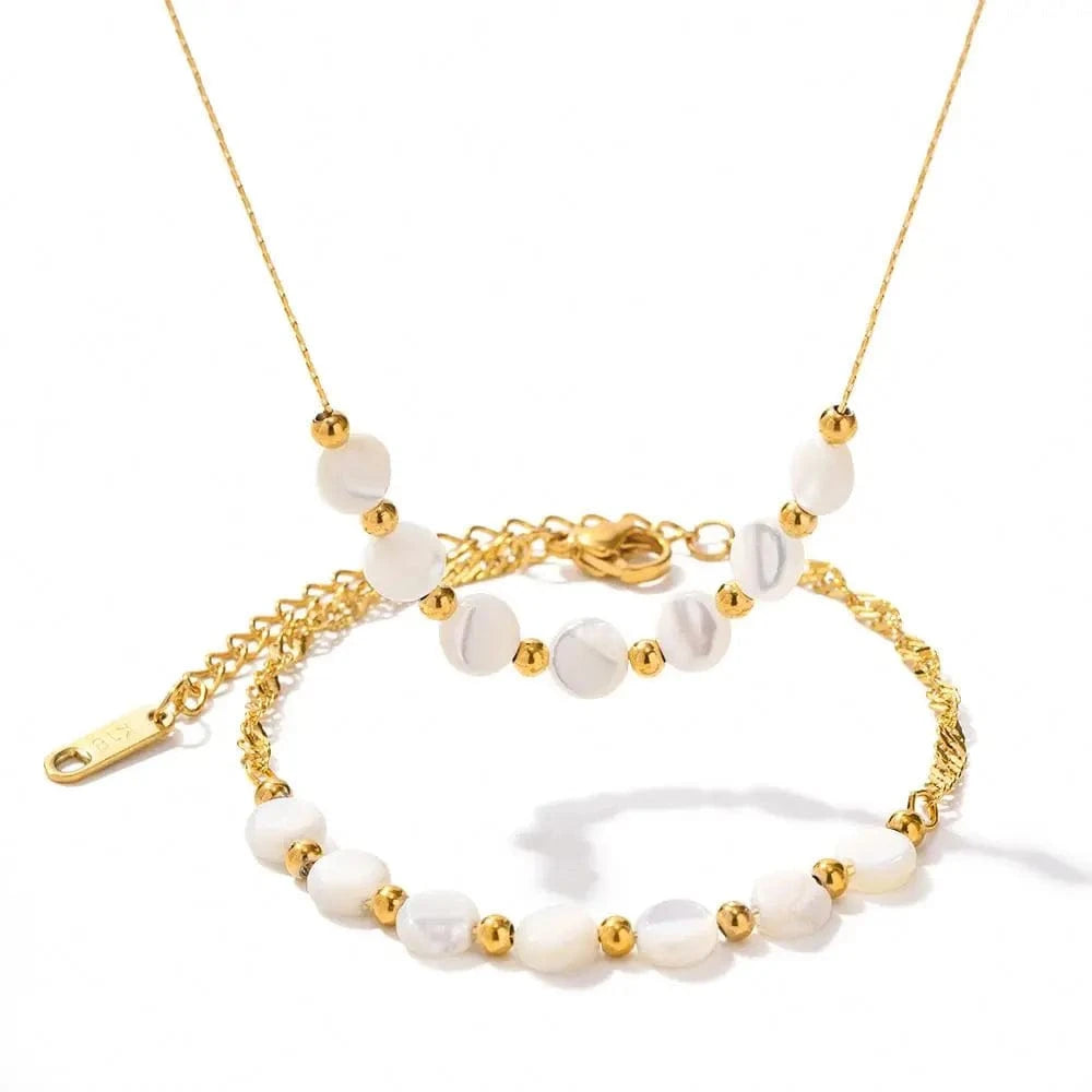 42cm / N2276 N2276 Waterproof 18K Gold Plated Stainless Steel Bracelet Jewelry Set Natural Shell Beads Cuban Chain Necklace Set