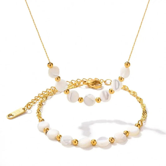 42cm / N2276 N2276 Waterproof 18K Gold Plated Stainless Steel Bracelet Jewelry Set Natural Shell Beads Cuban Chain Necklace Set