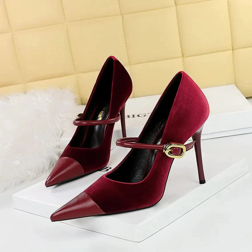 43 / 9116-1 Wine Red 10cm Winter Women Stilettos Retro Solid Color Pointed-toe Mujer Zapatos Wrap-toe Shallow High Heels Pumps Ladies Annual Meeting Shoes