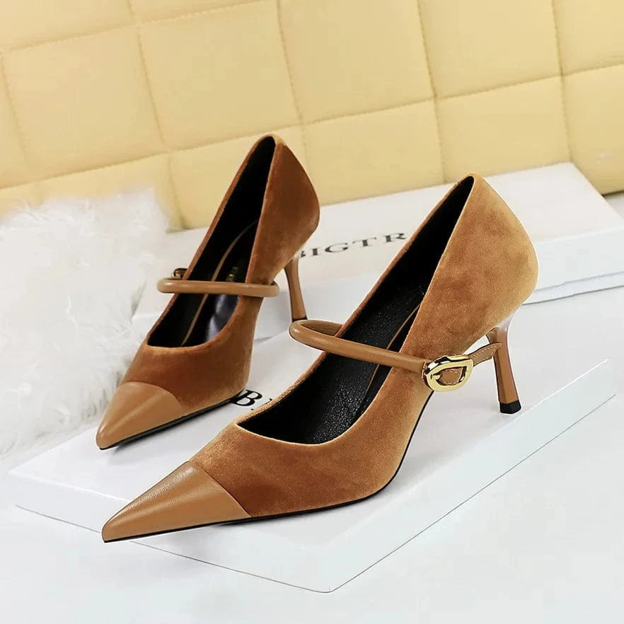 43 / 9116-A1 Camel 7cm Winter Women Stilettos Retro Solid Color Pointed-toe Mujer Zapatos Wrap-toe Shallow High Heels Pumps Ladies Annual Meeting Shoes