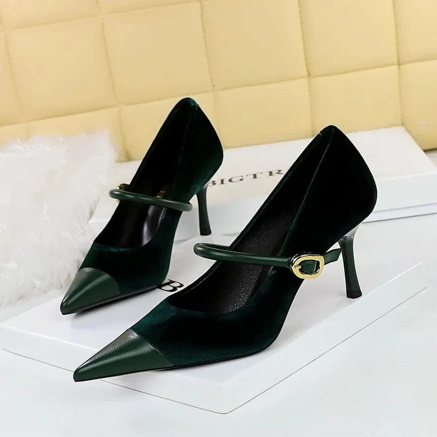 43 / 9116-A1 Green 7cm Winter Women Stilettos Retro Solid Color Pointed-toe Mujer Zapatos Wrap-toe Shallow High Heels Pumps Ladies Annual Meeting Shoes