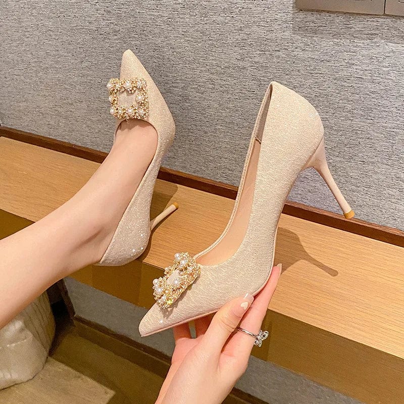 43 / Apricot(6.5cm)` New Wrap-toe Rhinestone Buckle Women Sandals Spring Autumn Female High Heel Pumps Sexy Banquet Ladies Dress Shoes